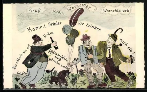 Künstler-AK Bad Dürkheim, Derkemer Worschtmark, Betrunkene MÄnner mit Wein und Würsten, Dackel