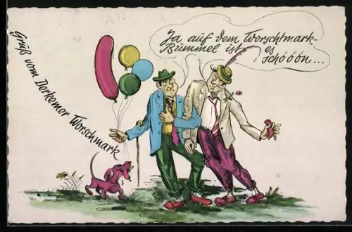 Künstler-AK Bad Dürkheim, Derkemer Worschtmark, Männer mit Luftballons und Dackel