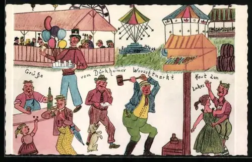 Künstler-AK Bad Dürkheim, Derkemer Worschtmark, Festplatz mit Hau den Lukas