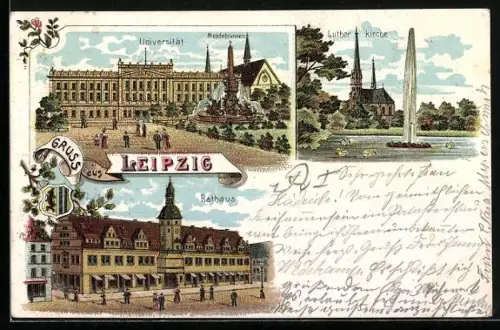 Lithographie Leipzig, Universität, Lutherkirche, Rathaus