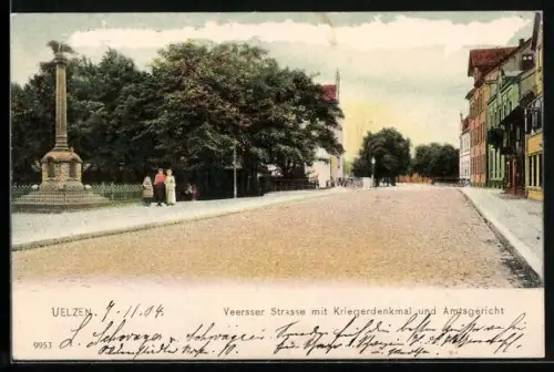 AK Uelzen, Veersser Strasse mit Kriegerdenkmal und Amtsgericht