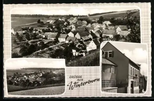 AK Winterborn, Gasthaus und Bäckerei Schneider-Schrick, Ortsansicht aus der Vogelschau