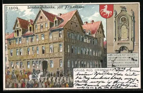 Lithographie Hannover, London-Schenke 1809, jetzt Armenhaus