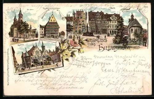 Lithographie Hildesheim, Marktplatz, Dom, Rathaus