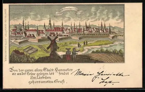 Lithographie Hannover, Stadtansicht im Jahre 1750