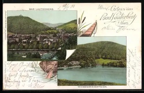 Lithographie Bad Lauterberg /Harz, Wiesenbeeker Teich, Blick auf den Ort