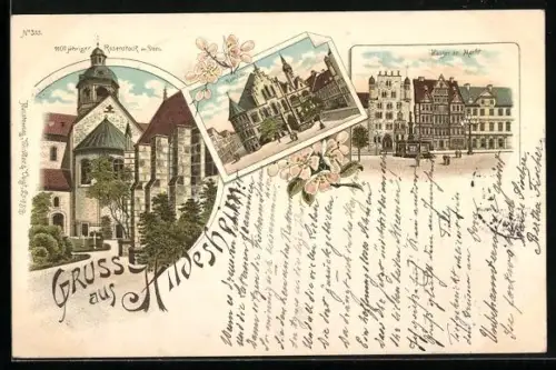 Lithographie Hildesheim, 1000 jähriger Rosenstock am Dom, Rathaus, Häuser am Markt