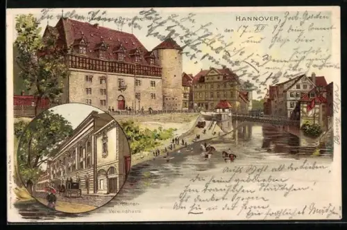 Lithographie Hannover, Beguinenthurm in der Altstadt, Arbeiter-Vereinshaus