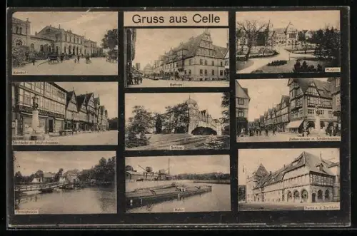 AK Celle, Bahnhof, Rathaus, Schloss, Zöllnerstrasse, Hafen