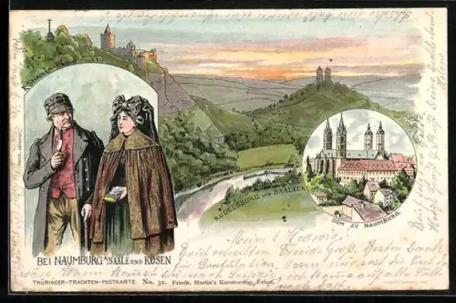 Lithographie Naumburg /Saale, Rudelsburg, Dom zu Naumburg
