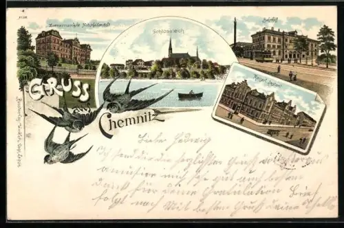 Lithographie Chemnitz, Schlossteich, Zimmermannsche Naturheilanstalt, Bahnhof, Postamt
