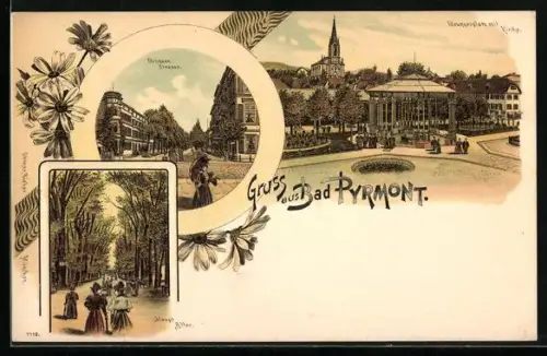 Lithographie Bad Pyrmont, Brunnenstrasse, Hauptallee, Brunneplatz mit Kirche