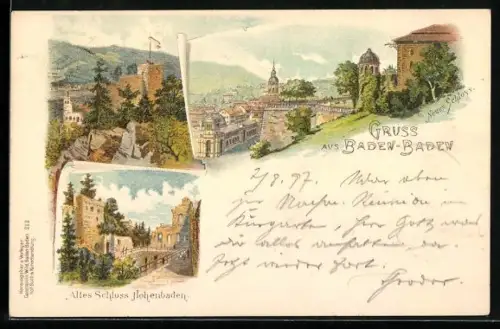 Lithographie Baden-Baden, Altes Schloss Hohenbaden, Neues Schloss