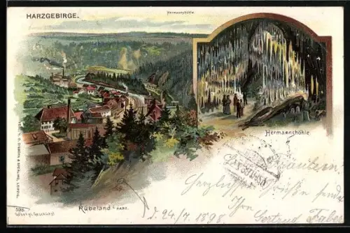 Lithographie Rübeland i. Harz, Hermannshöhle, Ortsansicht aus der Vogelschau