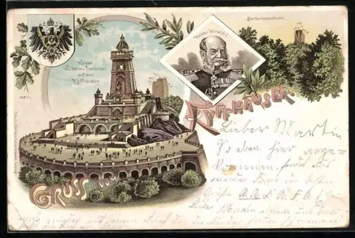 Lithographie Kyffhäuser, Kaiser-Wilhelm-Denkmal, Barbarossaturm, Porträt Kaiser Wilhelm I