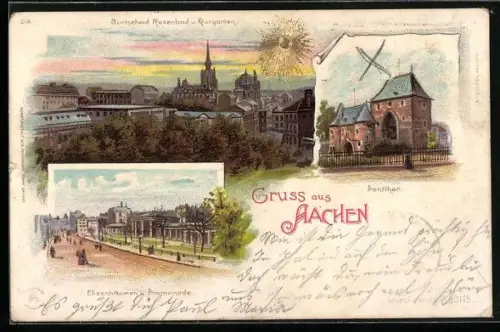 Sonnenschein-Lithographie Aachen, Burtscheid Rosenbad, Ponttor, Elisenbrunnen Promenade