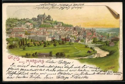 Lithographie Marburg, Stadtansicht mit Schloss und Lahn