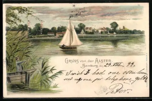 Lithographie Hamburg, Alster, Segelboot, Uferansicht