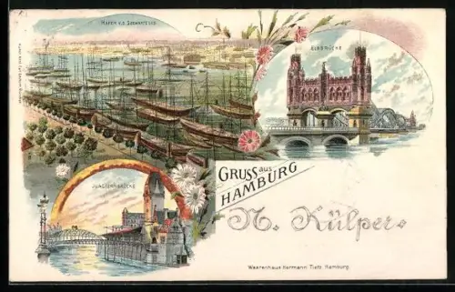 Lithographie Hamburg-St.Pauli, Hafen v. St. Pauli, Elbbrücke, Jungfernbrücke