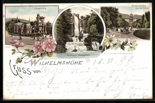Lithographie Wilhelmshöhe, Löwenburg, Aquädukt Wasserfall, Wilhelmshöhe von der Allee