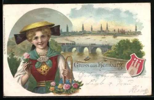 Lithographie Hamburg, Stadtansicht mit Alsterbrücke und Trachtenmädchen