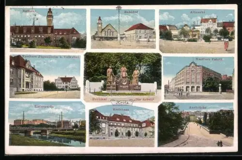 AK Zeitz, Rathaus, Bahnhof, Denkmal Die Arbeiter, Altmarkt und Kreishaus