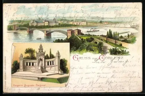Lithographie Koblenz, Rheinansicht, Brücke, Kaiserin Augusta-Denkmal