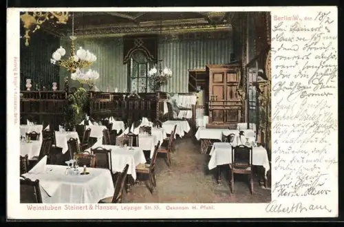 AK Berlin W., Gaststätte und Weinstuben Steinert & Hansen, Leipziger Str. 35, Innenansicht, Inh. H. Pfuhl