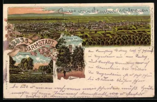 Lithographie Darmstadt, Gesamtansicht, Herrngarten, Thurm auf Ludwigshöhe