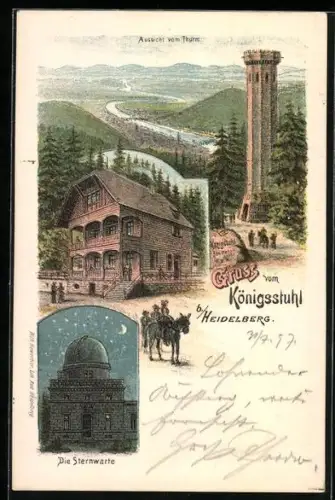 Lithographie Königstuhl b. Heidelberg, Aussicht vom Turm, Sternwarte, Gasthaus