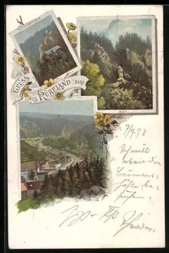 Lithographie Rübeland /Harz, Schützenhaus, Bär, Ortsansicht