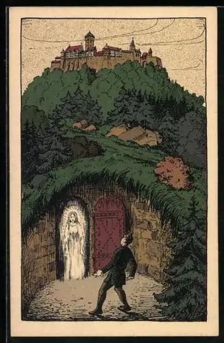 Steindruck-AK Bad Harzburg, Schloss Burgberg, Sage von der weissen Jungfrau