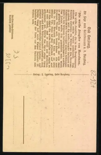 Steindruck-AK Bad Harzburg, Schloss Burgberg, Sage von der weissen Jungfrau