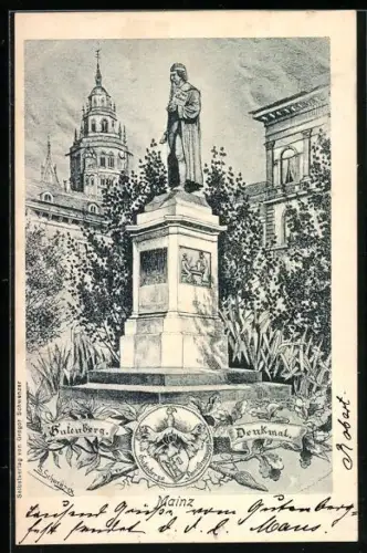 Lithographie Mainz, Gutenberg-Denkmal, Dom