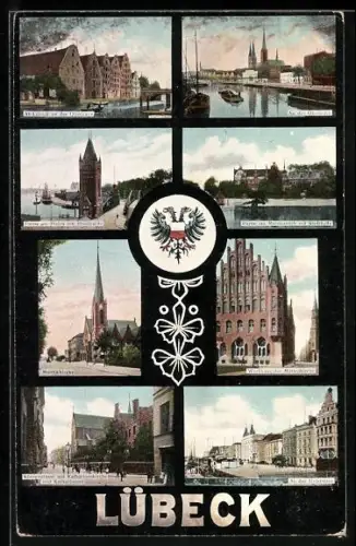 AK Lübeck, Holstentor, Marienkirche, Rathaus, Salzspeicher, Burgtor, St. Annenstrasse