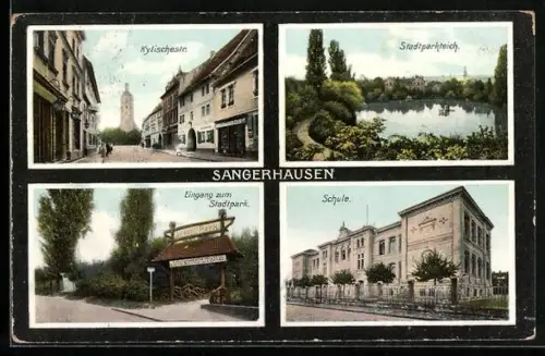 AK Sangerhausen, Kyffhäuserstr., Stadtparkteich, Schule, Eingang zum Stadtpark
