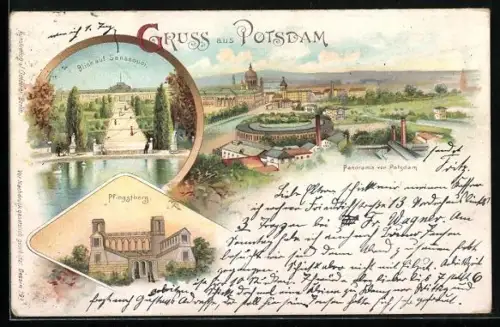 Lithographie Potsdam, Blick auf Sanssouci, Panorama von Potsdam, Pfingstberg