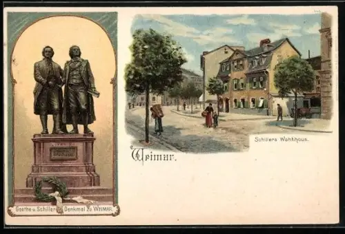Lithographie Weimar / Thüringen, Goethe-Schiller-Denkmal, Schillers Wohnhaus