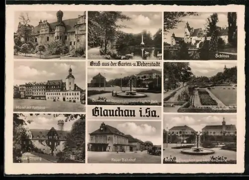 AK Glauchau i. Sa., Schloss, Markt mit Rathaus, Neuer Bahnhof