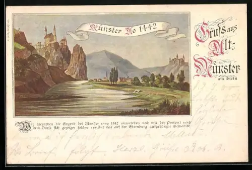 Lithographie Alt-Münster am Stein, Ansicht des Ortes mit Burgen und Landschaft, Münster anno 1442