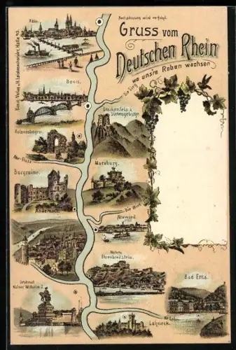Lithographie Bonn /Rhein, Karte des Rheins mit Städten, Köln, Andernach, Marburg, Bad Ems, Ehrenbreitstein
