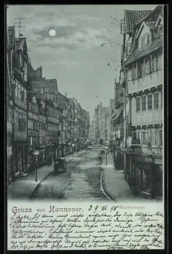 Mondschein-AK Hannover, Marktstrasse im Vollmondlicht