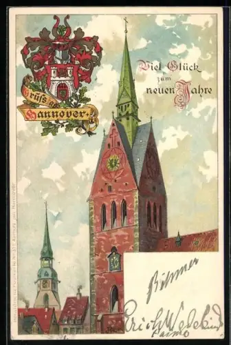 Lithographie Hannover, Kirche und Stadtwappen
