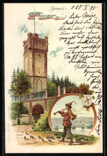 Lithographie Hameln, Klüt Turm, Rattenfänger von Hameln