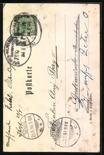 Lithographie Michelstadt i. O., Partie am Brunnen