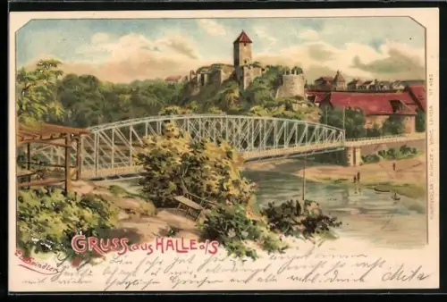 Künstler-AK Erwin Spindler: Halle / Saale, Teilansicht mit Saalebrücke