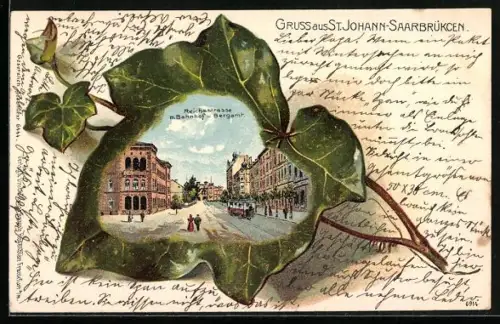 Passepartout-Lithographie St. Johann-Saarbrücken, Reichsstrasse mit Bahnhof und Bergamt