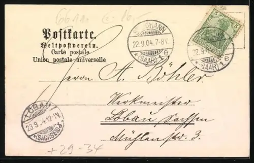 Passepartout-Lithographie St. Johann-Saarbrücken, Reichsstrasse mit Bahnhof und Bergamt