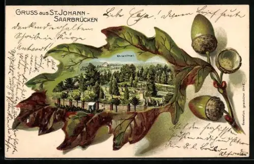 Passepartout-Lithographie St. Johann-Saarbrücken, Blick in das Ehrental, Eichenblatt mit Eicheln