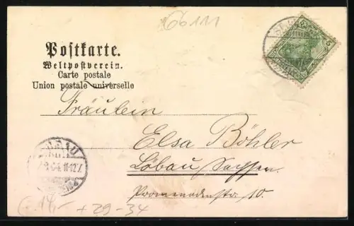 Passepartout-Lithographie St. Johann-Saarbrücken, Blick in das Ehrental, Eichenblatt mit Eicheln